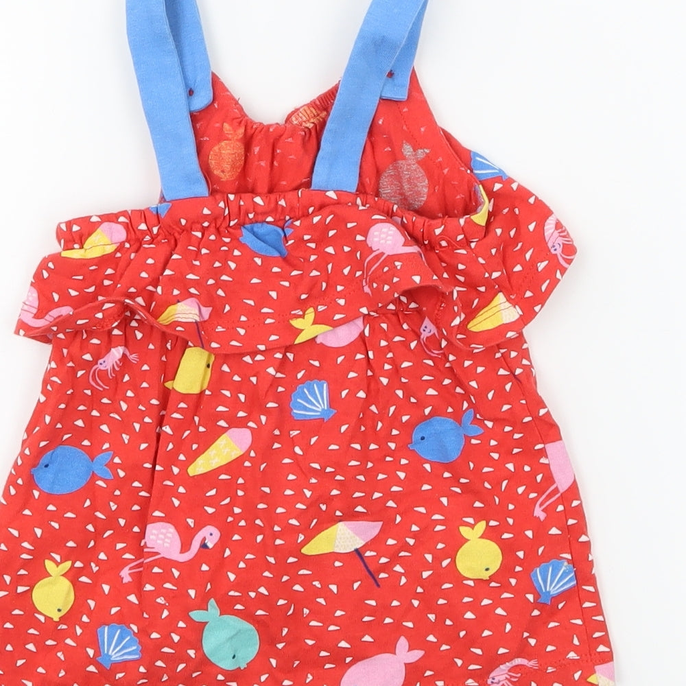 Marks and Spencer Girls Red Geometric Jersey Pinafore/Dungaree Dress  Size 3-6 Months  - Fish
