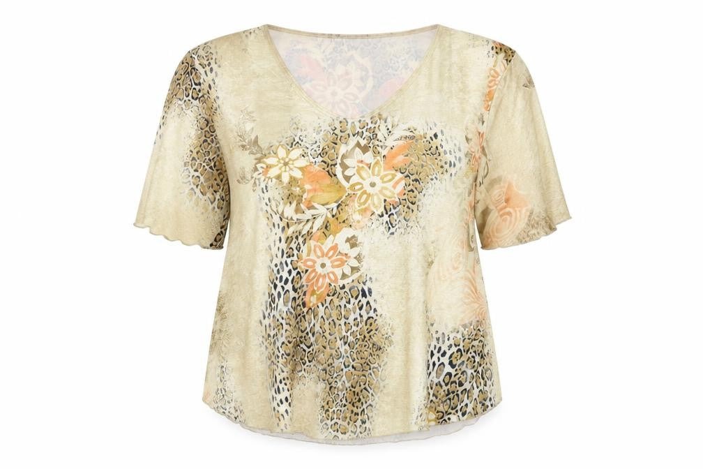 Front view of Sonic Collection women’s beige floral basic t-shirt, size L