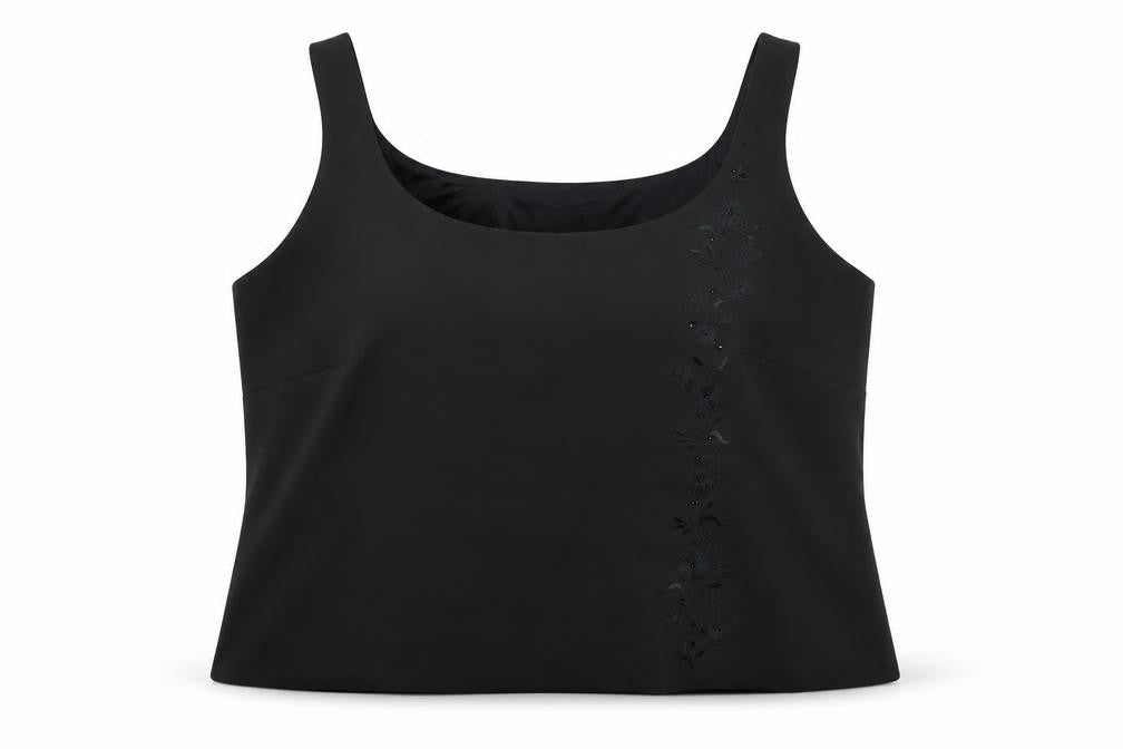 Front view of Condici women’s black floral cropped tank, size UK 16