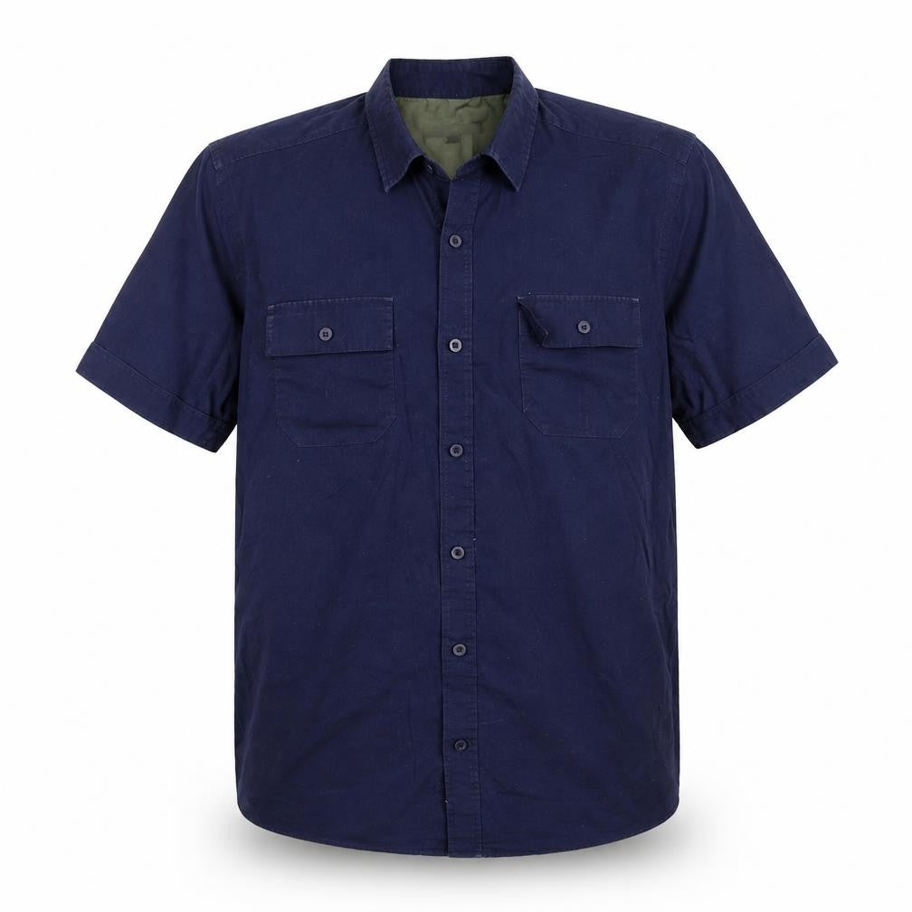 Front view of gero men’s blue button-up, size L