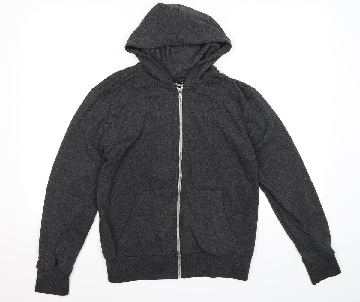 Front view of all basics men’s grey jersey full zip hoodie, size S