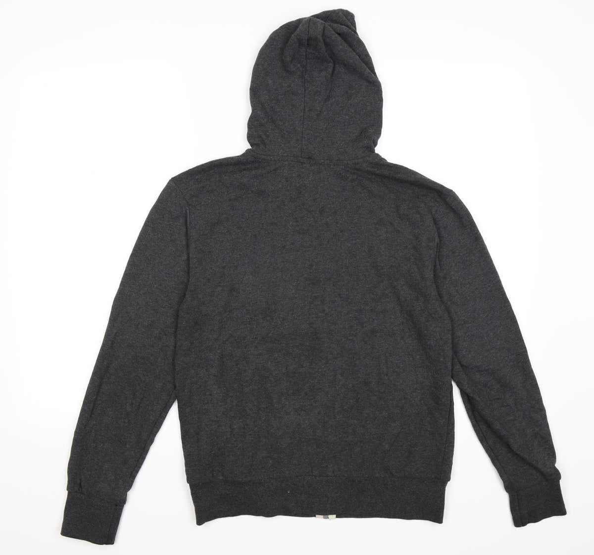 Back view of all basics men’s grey jersey full zip hoodie, size S