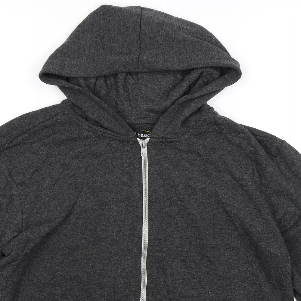 Close-up detail of all basics men’s grey jersey full zip hoodie, size S