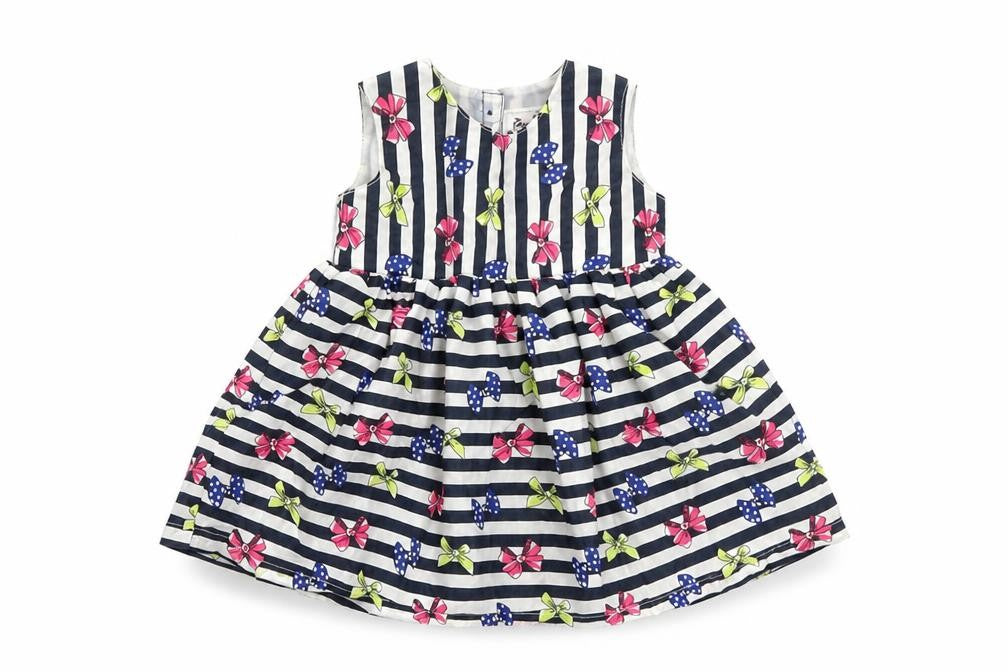 Front view of Early Days girls’ black striped fit & flare, size 3-6, months