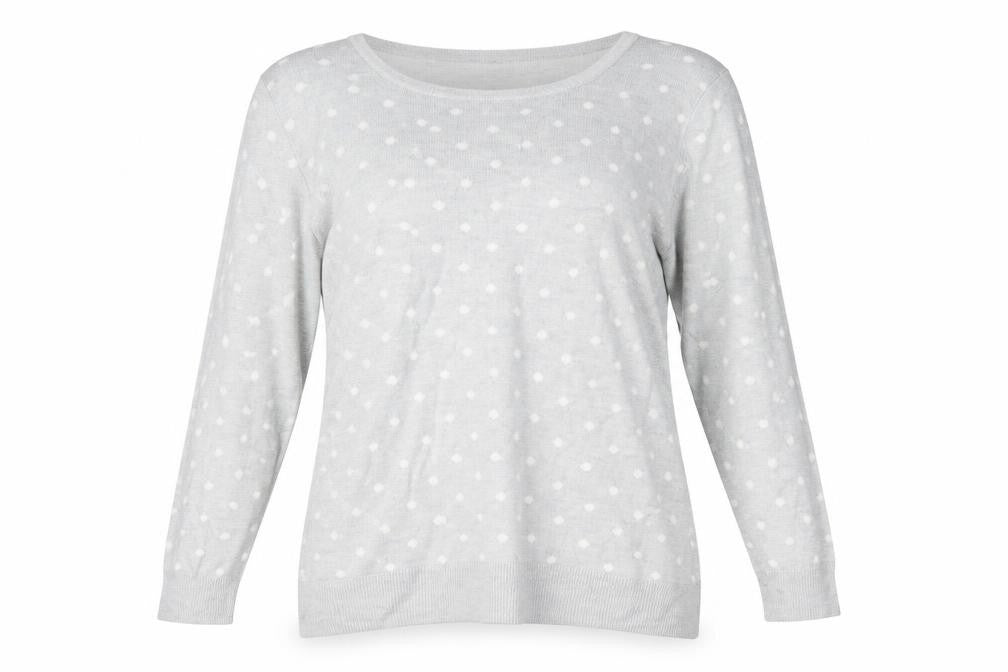 Front view of Preworn women’s grey polka dot jumper, size UK 16