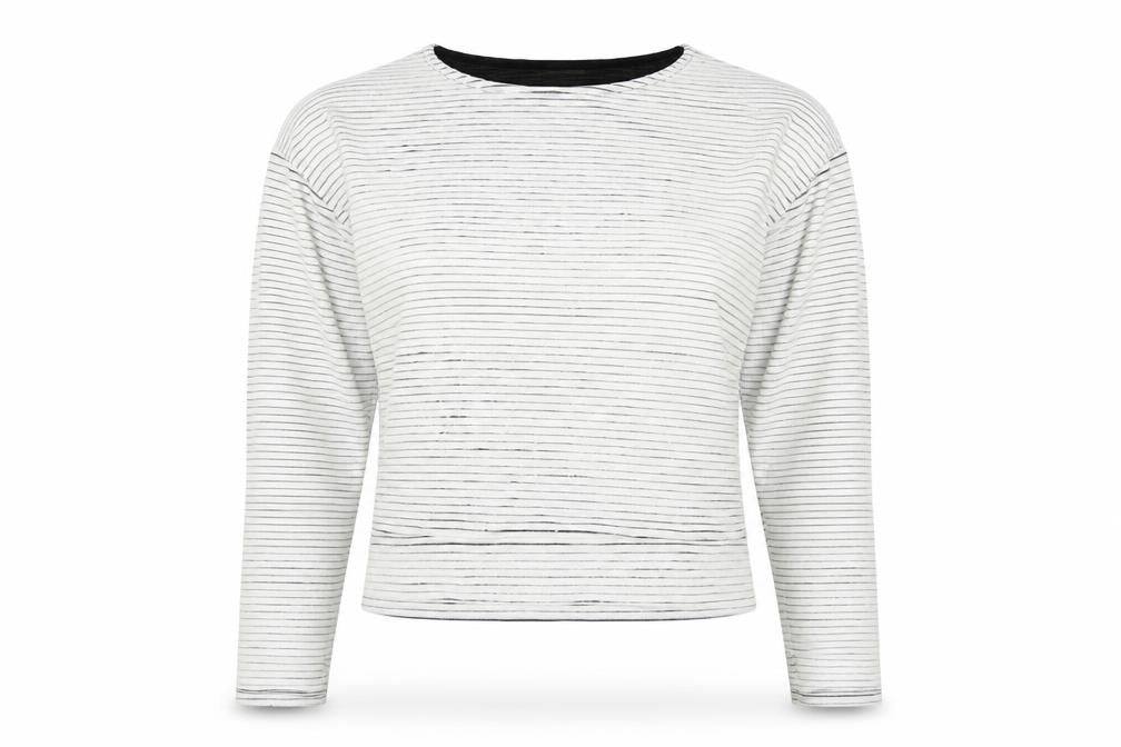Front view of River Island women’s white striped jumper, size UK 12, - cropped