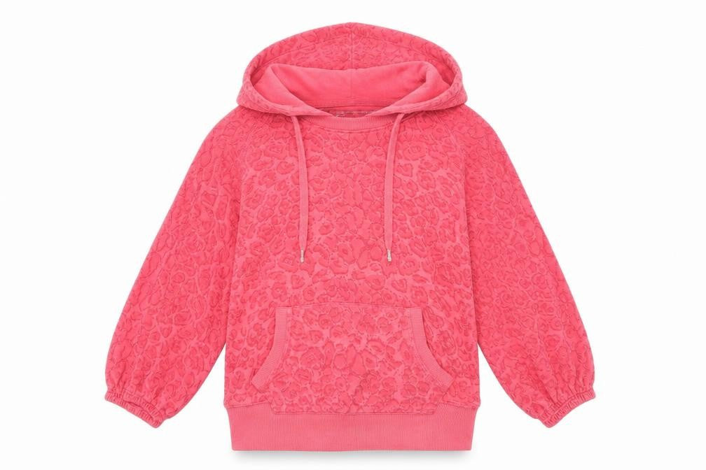 Front view of Internationale women’s pink animal print pullover hoodie, size UK 8