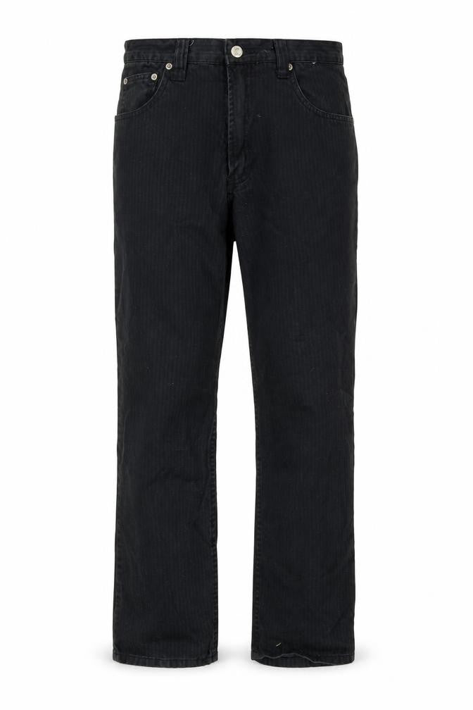 Front view of Matinee men’s black striped straight jeans, size 30, in, 28-inch leg