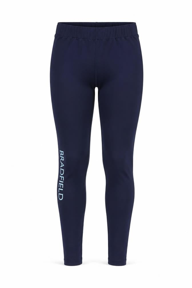 Front view of Playerlayer women’s blue compression leggings, size UK 8, 28-inch leg