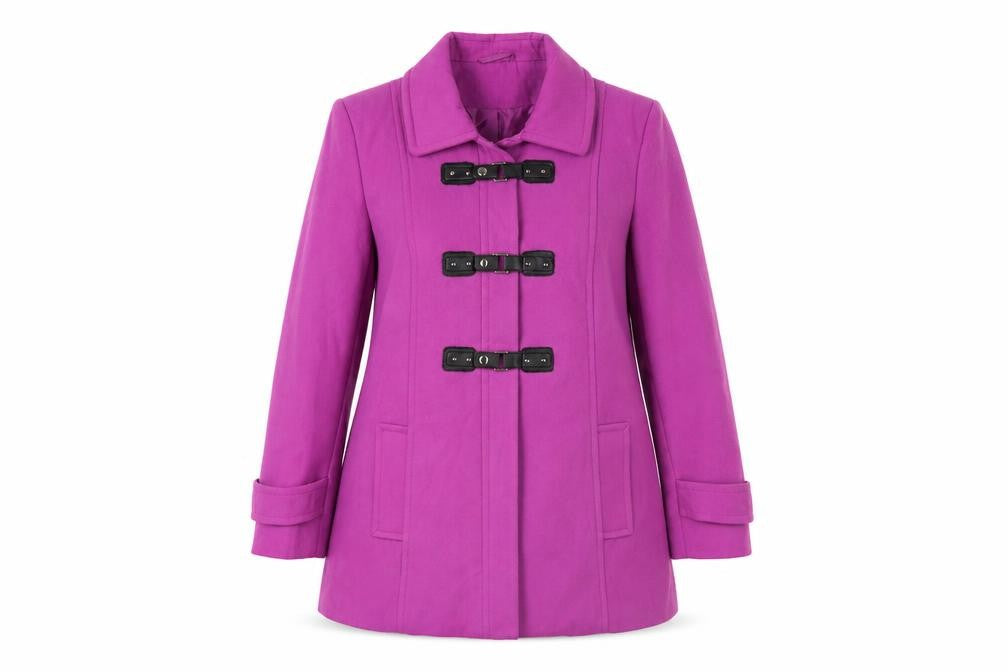 Front view of Simply Be women’s pink overcoat coat, size UK 14