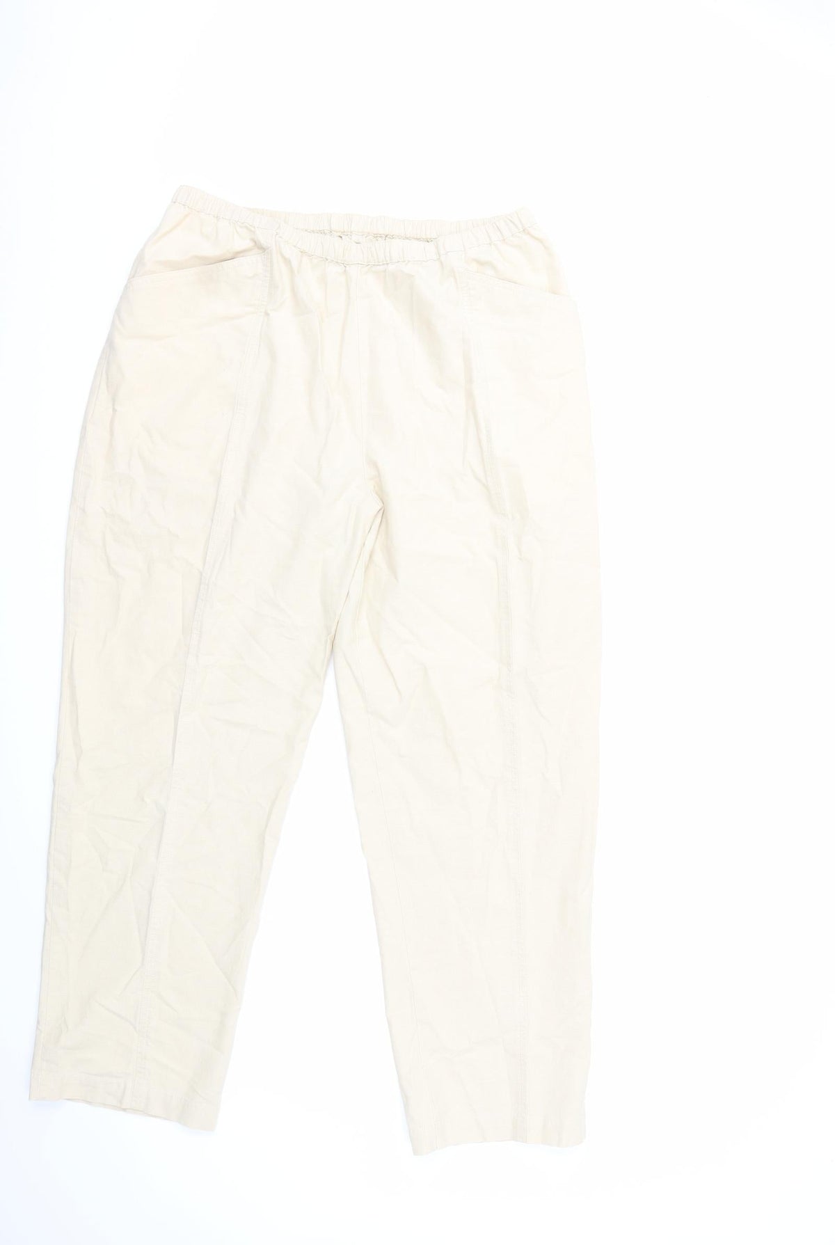 Front view of EWM women’s beige trousers, size UK 18, 29-inch leg