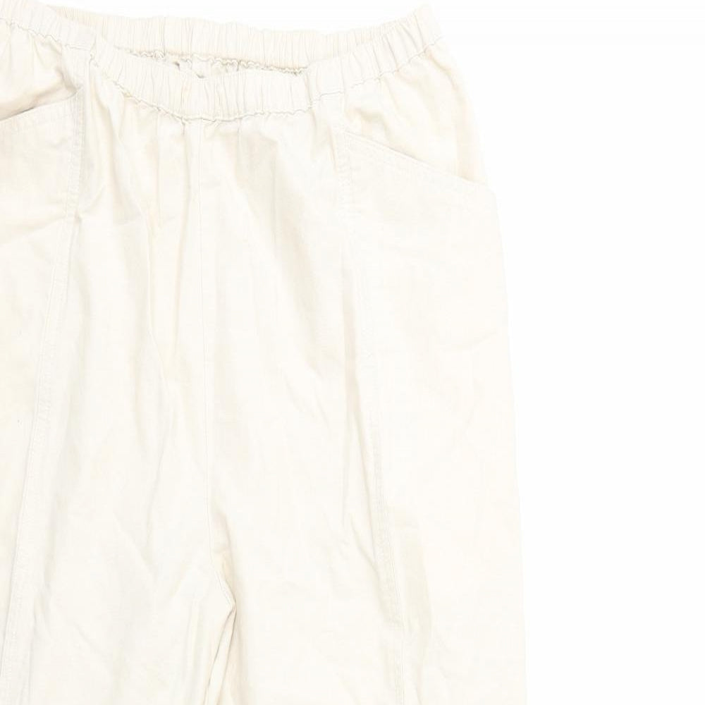 Close-up detail of EWM women’s beige trousers, size UK 18, 29-inch leg