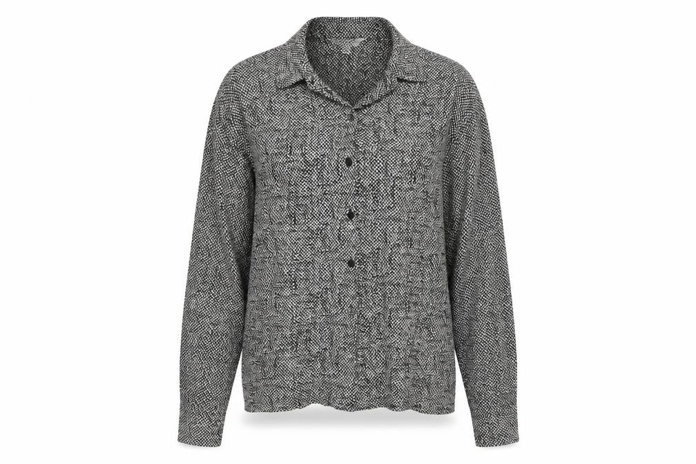 Front view of Next women’s black animal print woven basic button-up, size UK 14