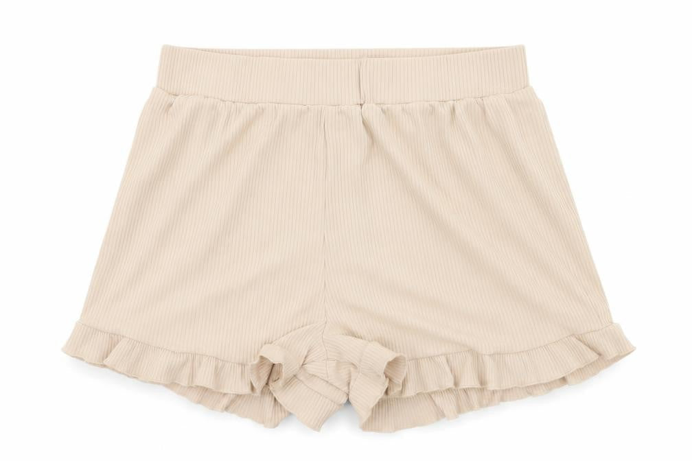 Front view of Preworn women’s beige jersey sweat shorts, size L