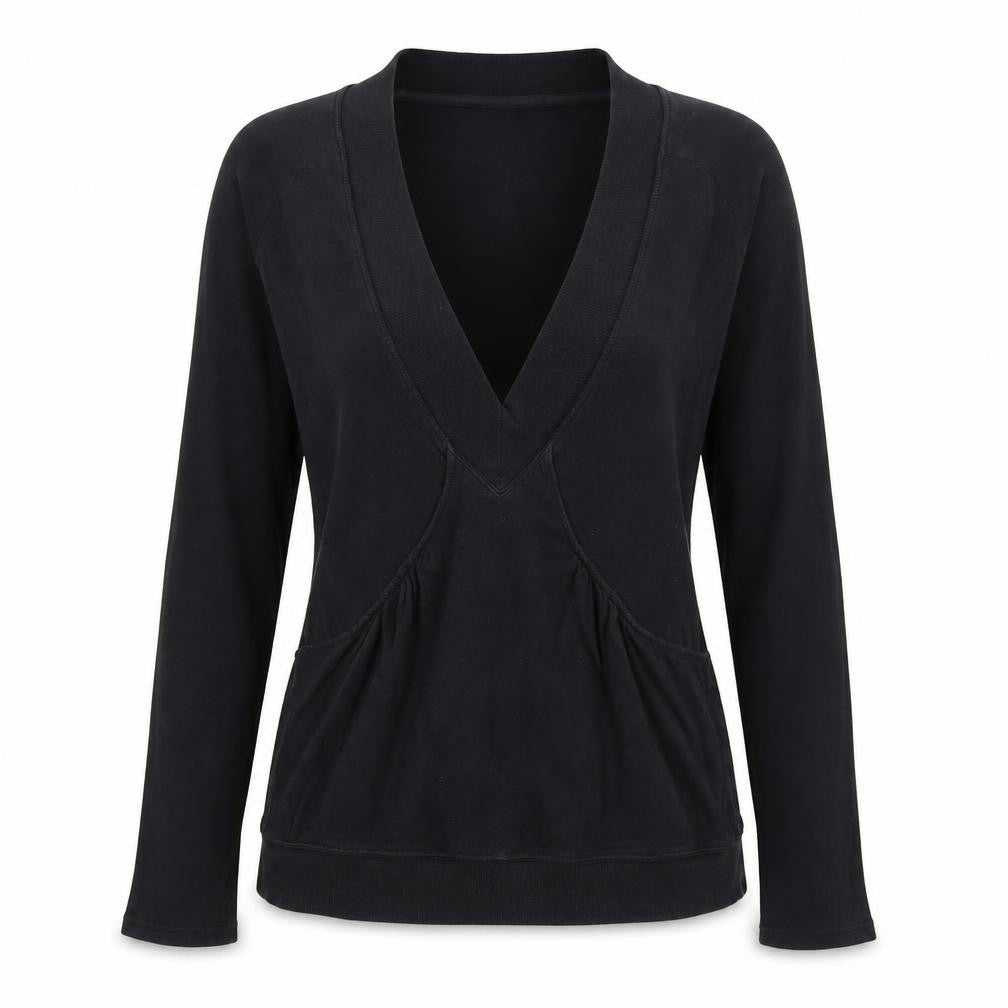 Front view of Preworn women’s black rayon basic t-shirt, size M, - low v neck