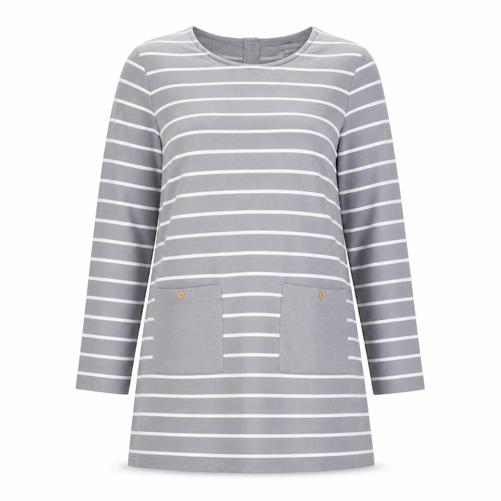 Front view of Tru women’s grey striped jersey tunic blouse, size L