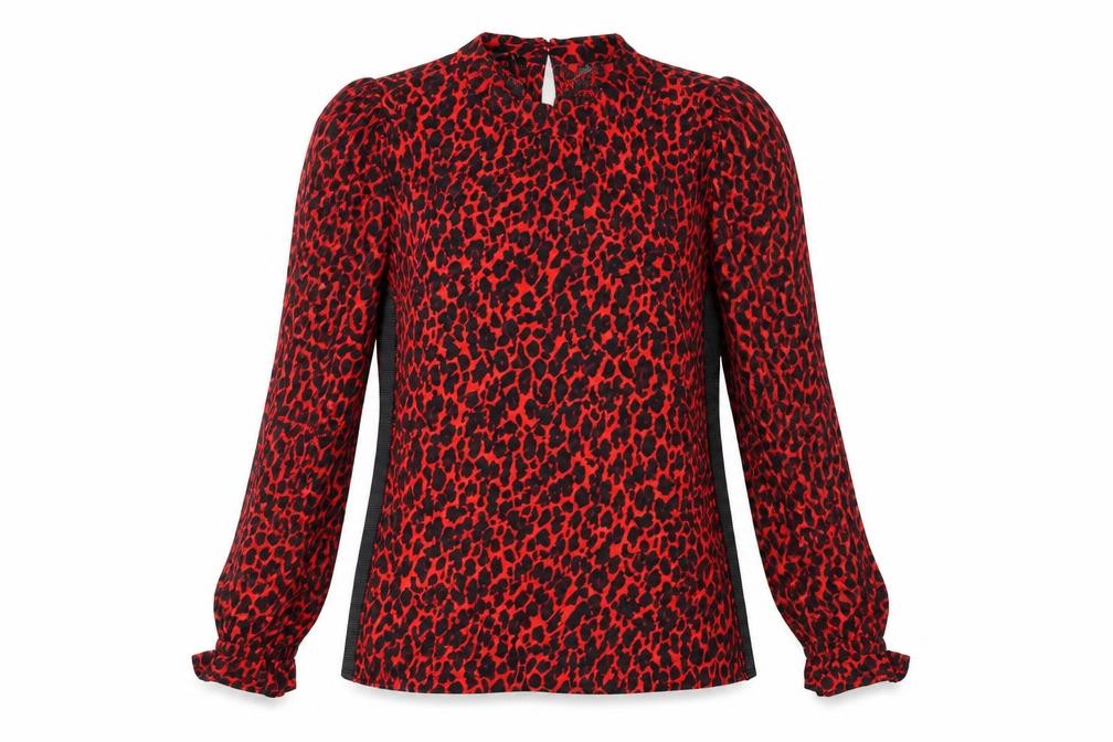 Front view of Preworn women’s red animal print basic blouse, size UK 10