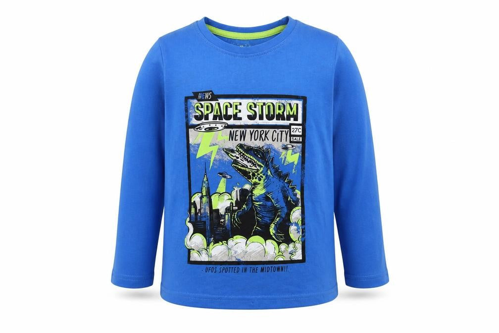 Front view of Rebel boys’ blue basic t-shirt, size 4-5, years - space storm