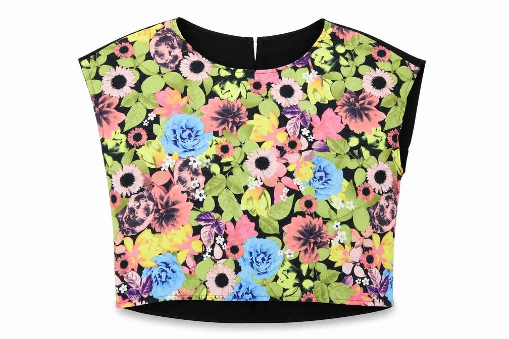 Front view of H&M women’s black floral basic blouse, size UK 12
