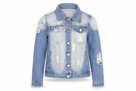 Front view of Boohoo women’s blue denim jacket, size UK 6
