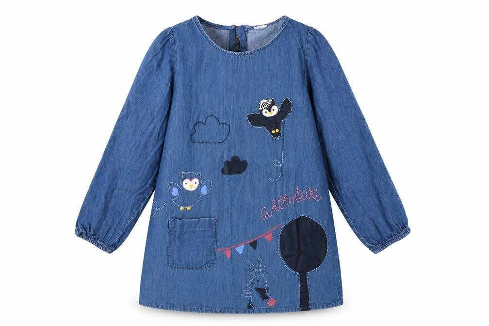 Front view of Lindex girls’ blue denim shirt dress, size S