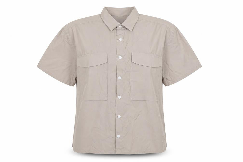 Front view of ASOS women’s grey basic button-up, size XS, - oversized