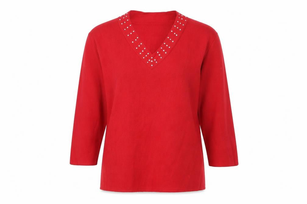 Front view of Carolyn Taylor women’s red basic t-shirt, size UK 12