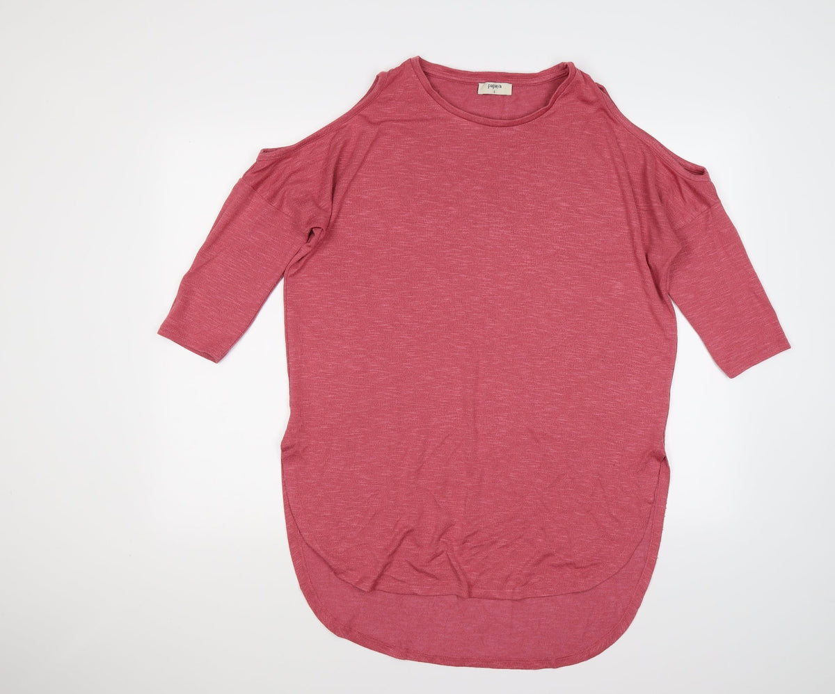 Additional front view of Papaya women’s pink knit jumper, size S, - cold shoudlers