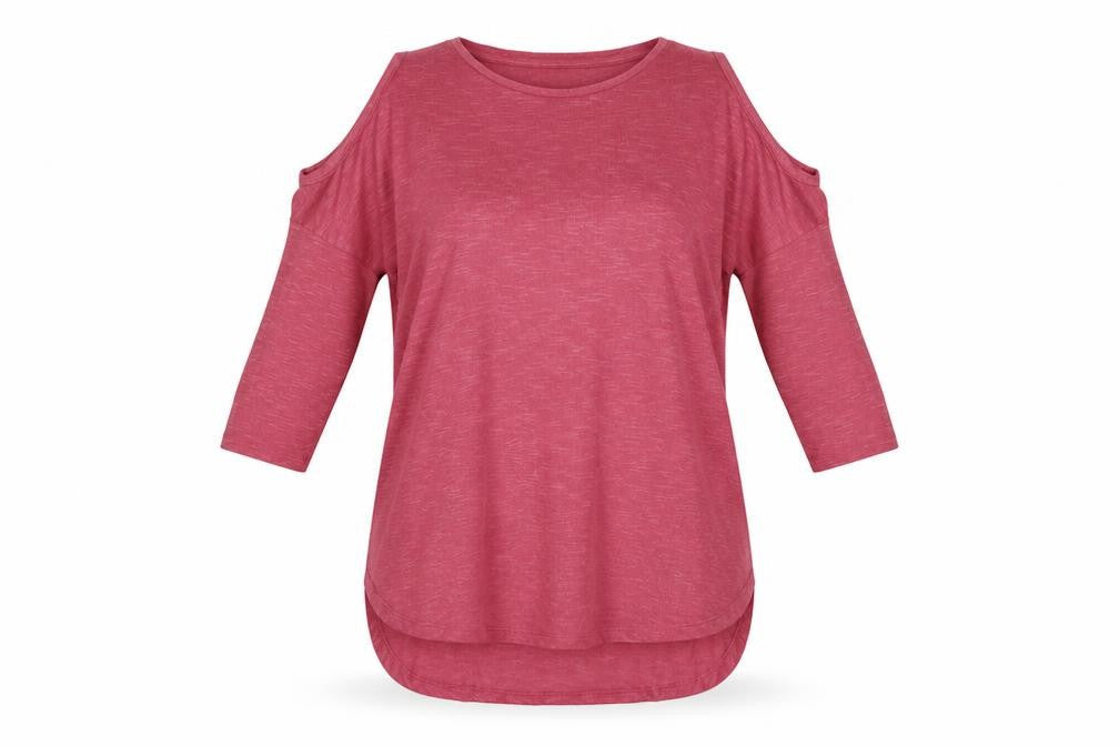 Front view of Papaya women’s pink knit jumper, size S, - cold shoudlers