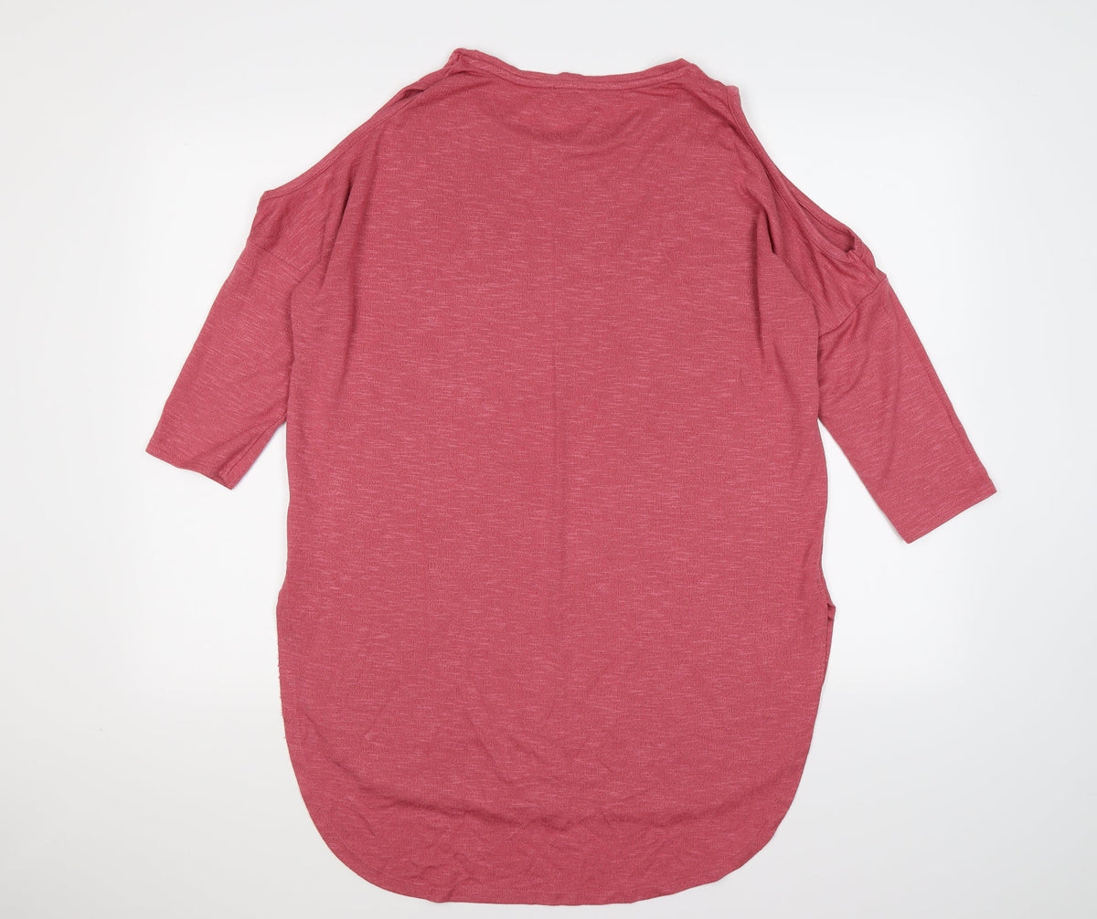 Back view of Papaya women’s pink knit jumper, size S, - cold shoudlers