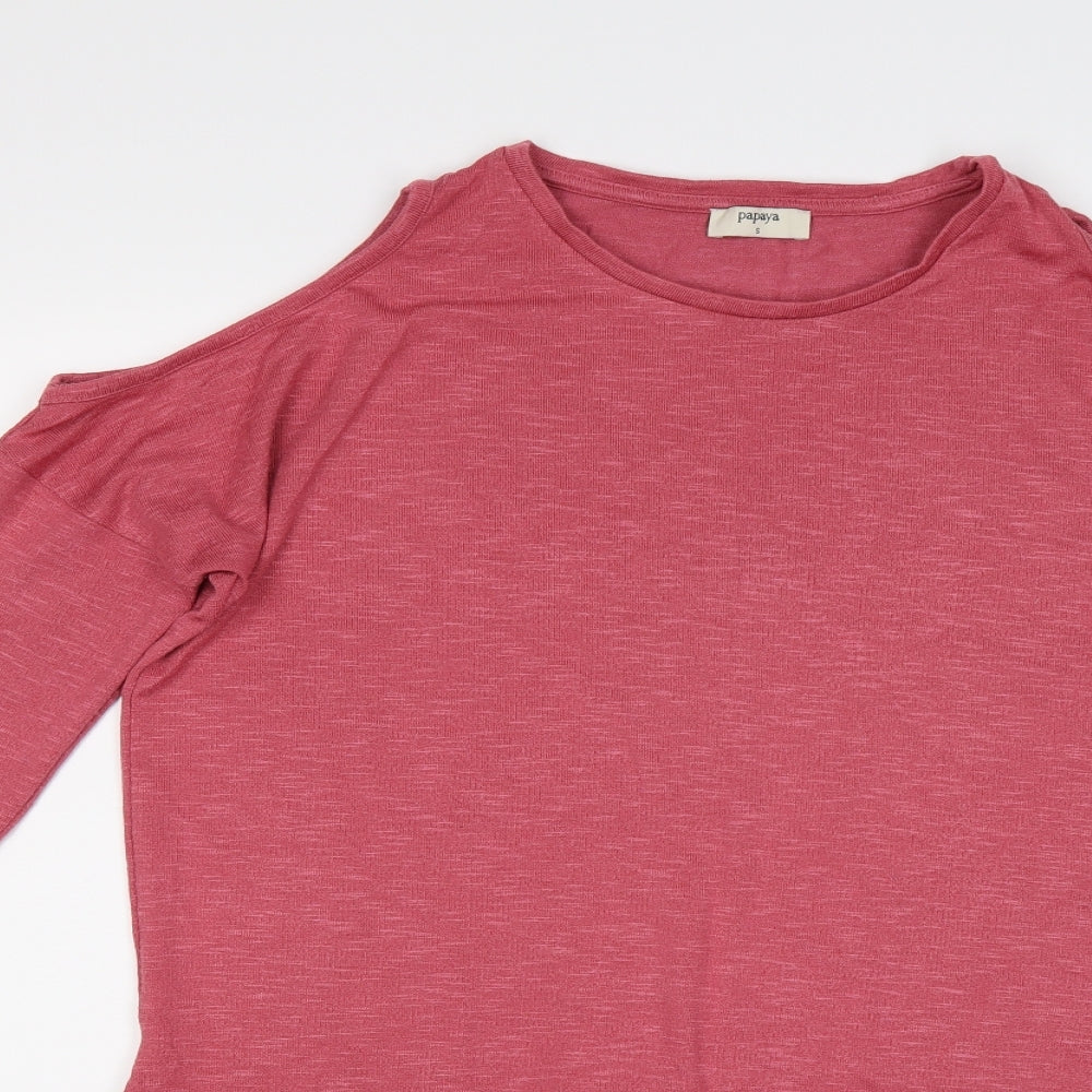 Close-up detail of Papaya women’s pink knit jumper, size S, - cold shoudlers