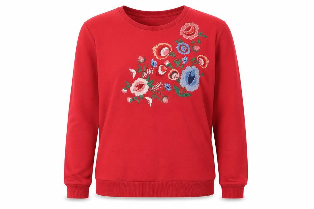 Front view of Creeks women’s red floral jersey pullover sweatshirt, size S