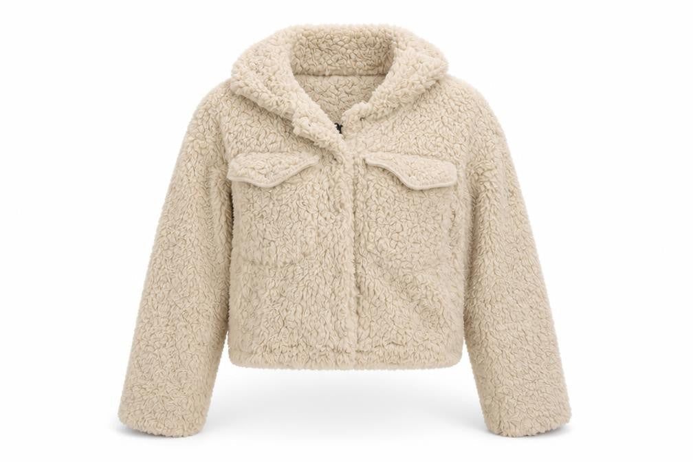 Front view of Rising women’s beige fleece jacket, size M