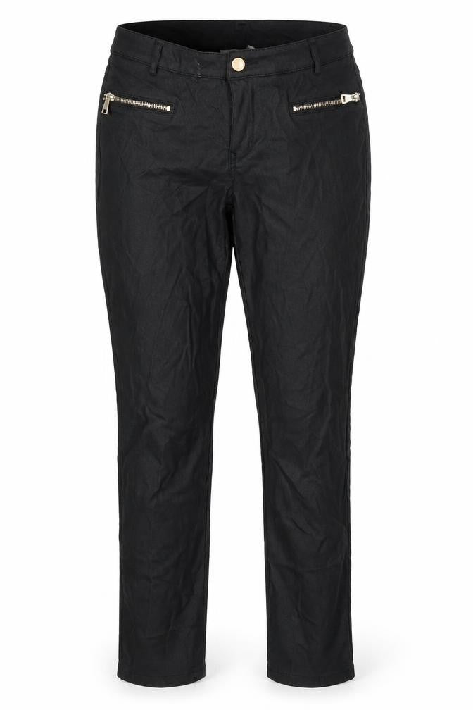 Front view of King of Fashion women’s black trousers, size UK 30, in, 30-inch leg