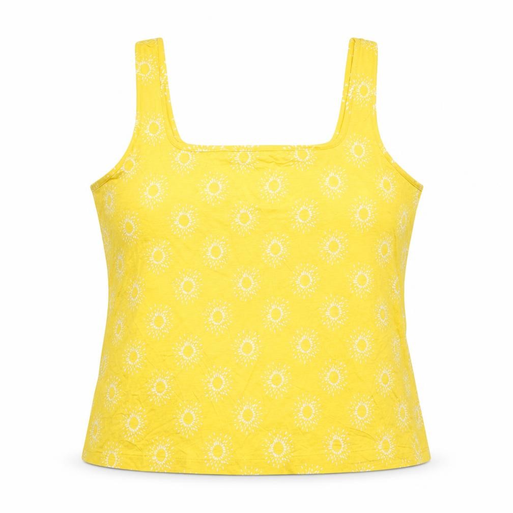 Front view of Warehouse women’s yellow geometric basic tank, size UK 18