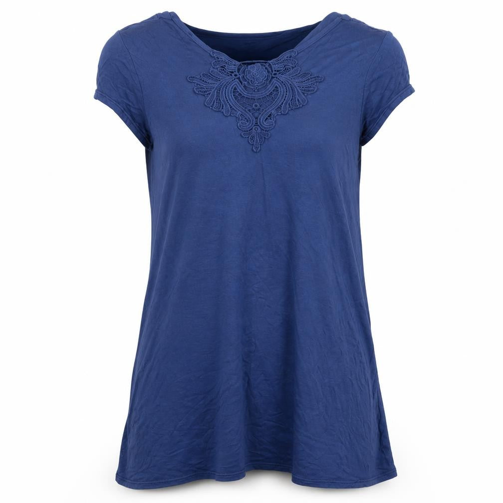 Front view of Preworn women’s blue jersey basic t-shirt, size UK 12