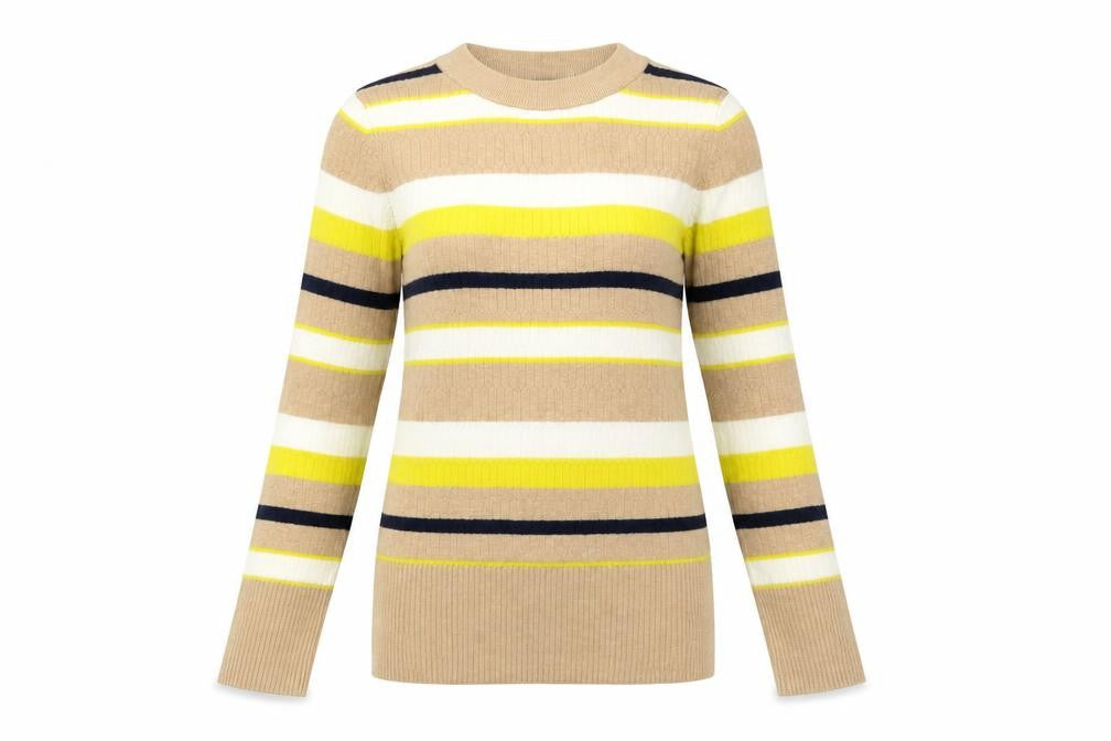 Front view of Marks & Spencer women’s beige striped jumper, size UK 6