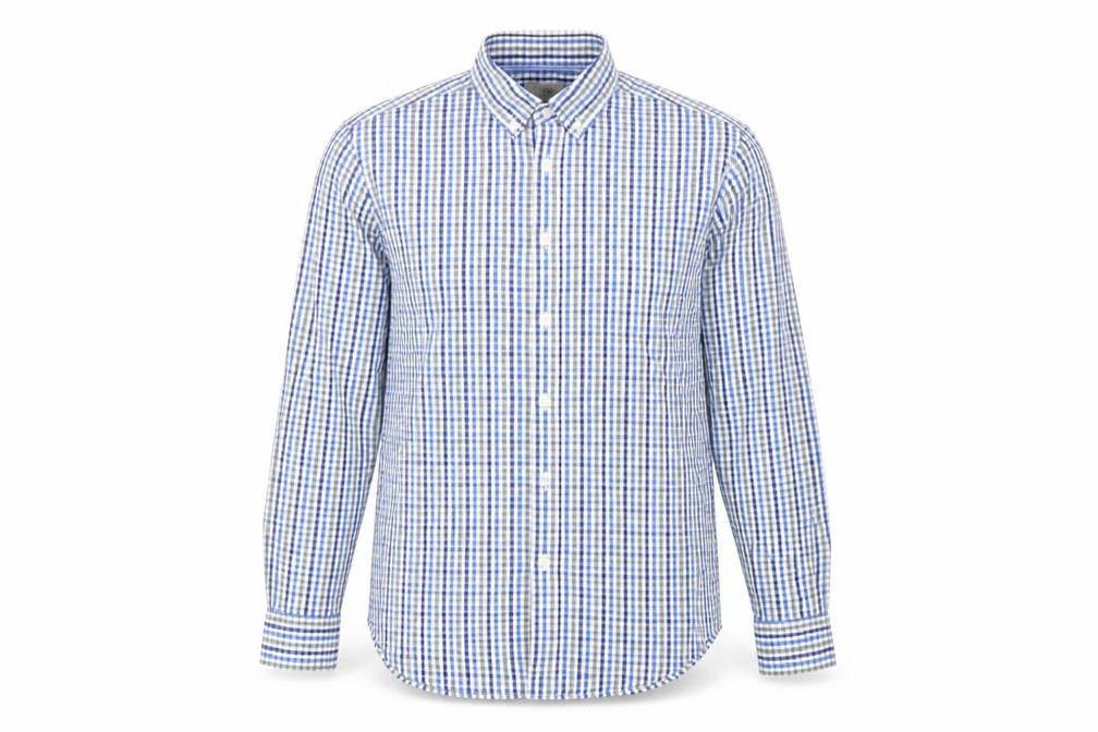 Front view of Marks & Spencer men’s blue check button-up, size S