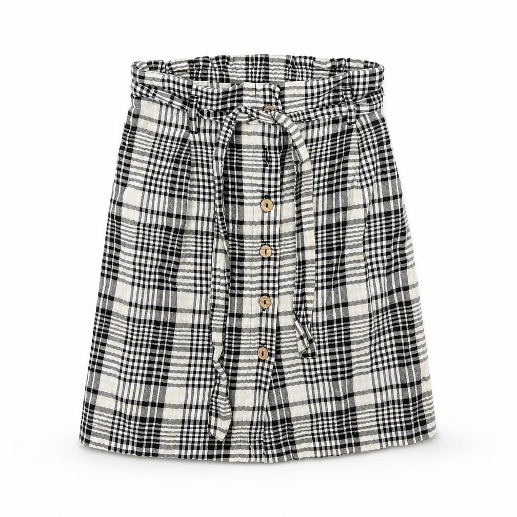 Front view of New Look women’s white check a-line skirt, size UK 8