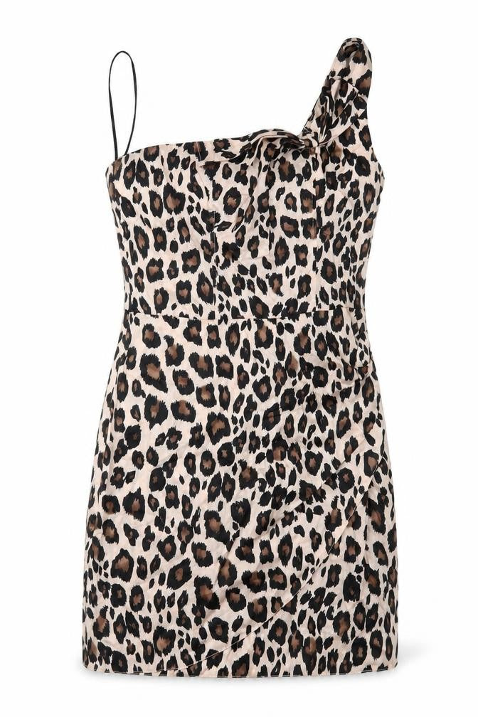 Front view of Miss Selfridge women’s brown animal print shift, size UK 10