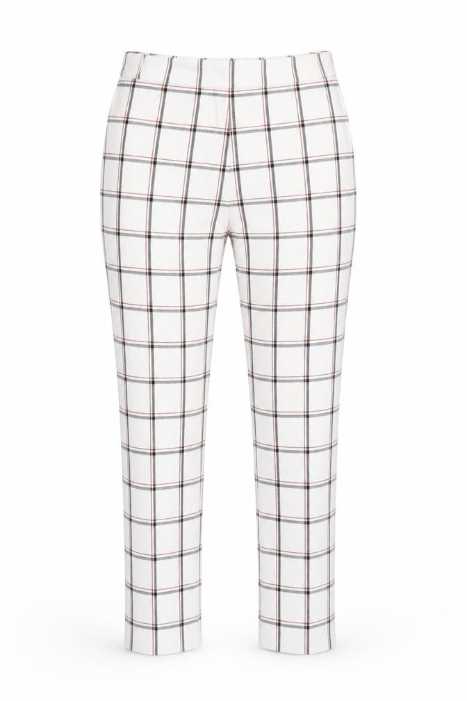 Front view of Stradavarius women’s white check sweatpants, size UK 10, 25-inch leg
