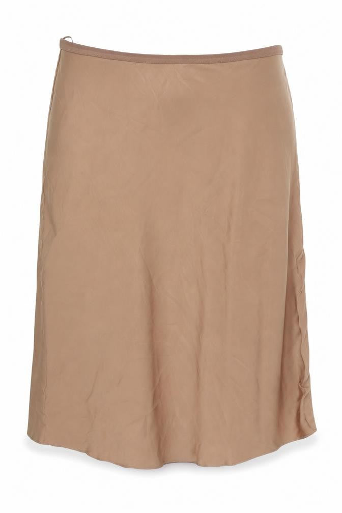 Front view of Marks & Spencer women’s brown a-line skirt, size UK 24