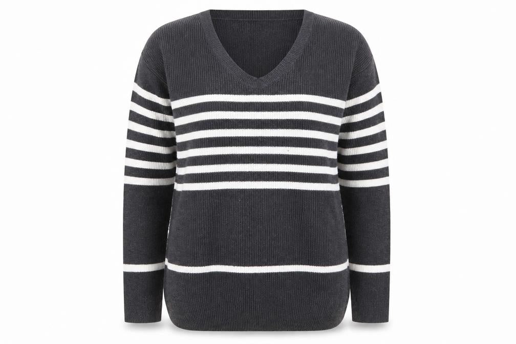 Front view of Gap women’s grey striped knit jumper, size M