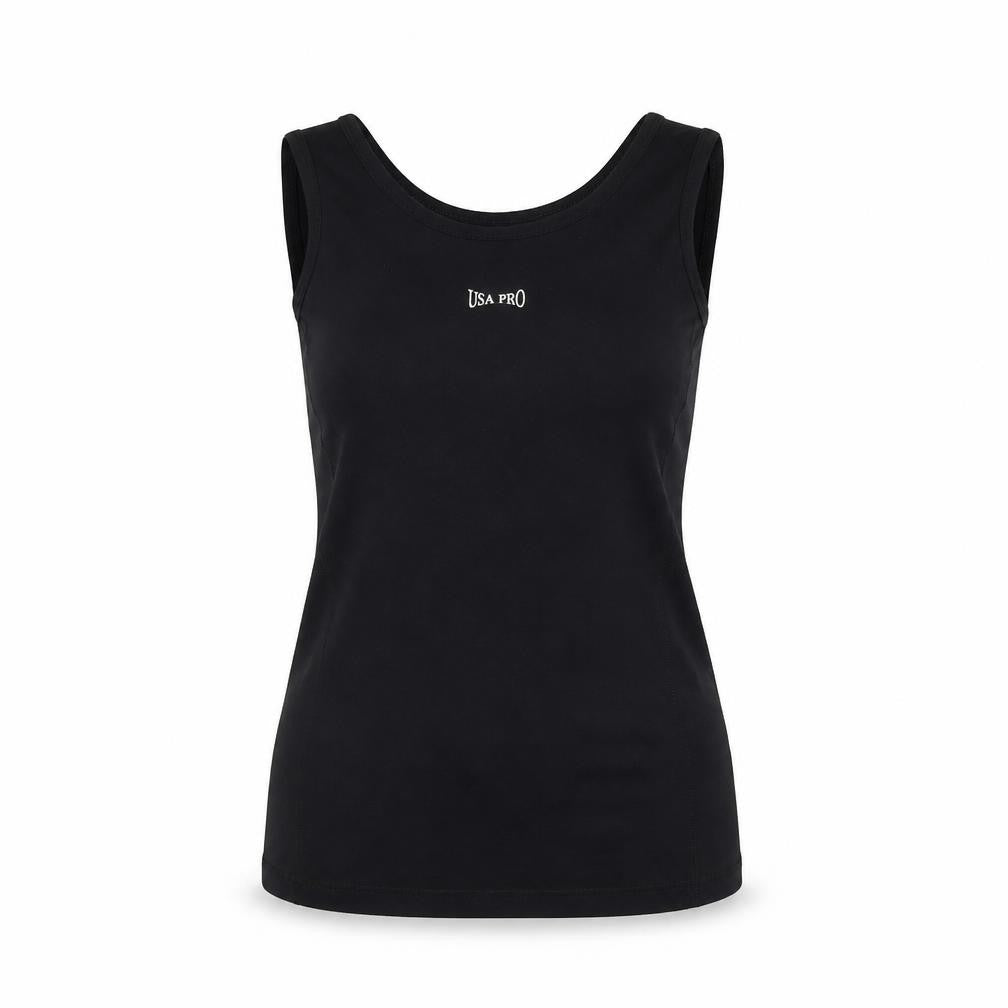 Front view of USA Pro women’s black jersey tank, size UK 8