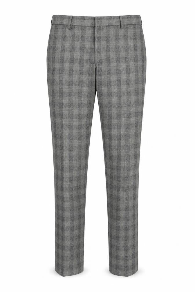 Front view of Marks & Spencer women’s grey check trousers, size UK 34, 28-inch leg