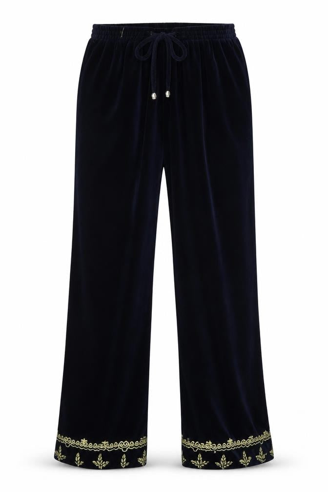 Front view of BOB women’s blue floral sweatpants, size UK 10, 20-inch leg