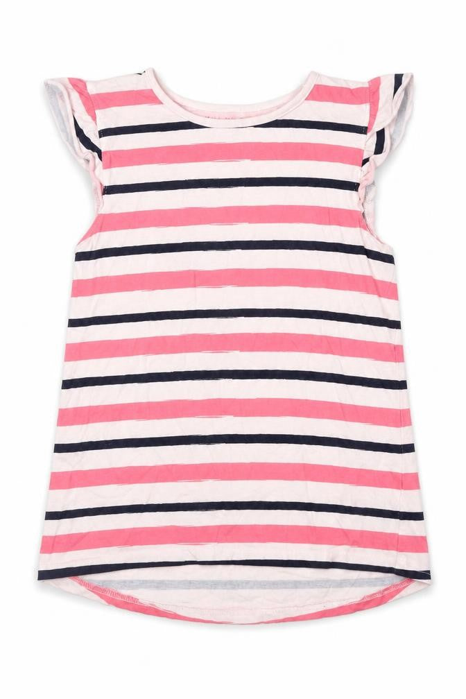 Front view of Nutmeg girls’ pink striped tunic t-shirt, size 10, years