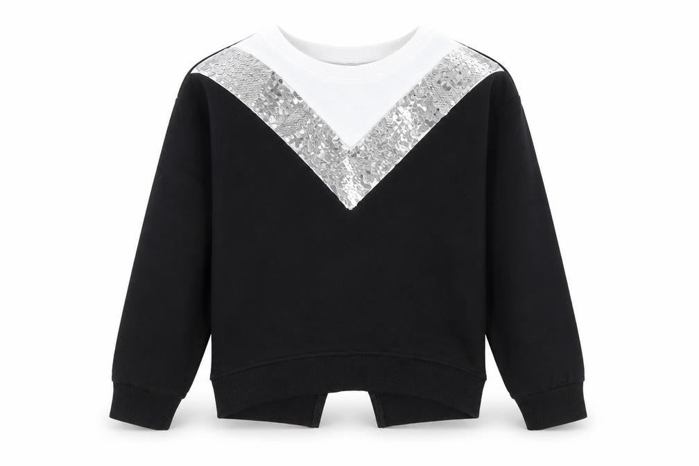 Front view of Matalan girls’ black striped pullover sweatshirt, size 8, years