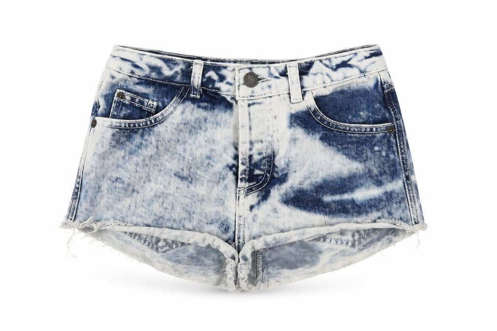Front view of Topshop women’s blue cut-off shorts, size UK 6