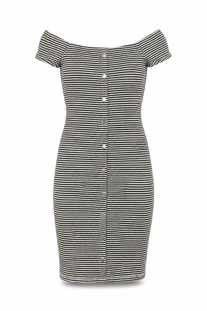 Front view of River Island women’s beige striped bodycon, size UK 6